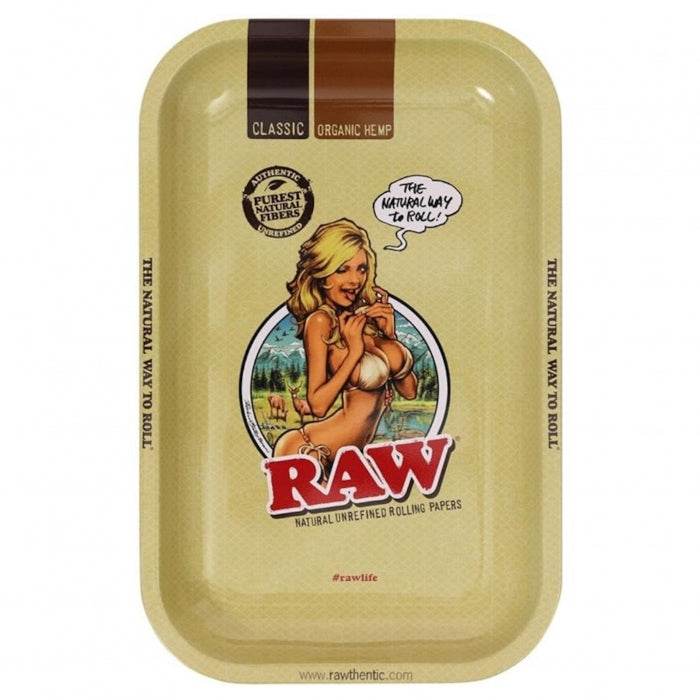 RAW Bikini Girl Small Metal Rolling Tray – 18cm x 12.5cm - Bong Empire